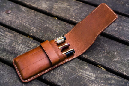 جا قلم چرمی 3 تایی گلن لدر Leather Flap Pen Case Brown